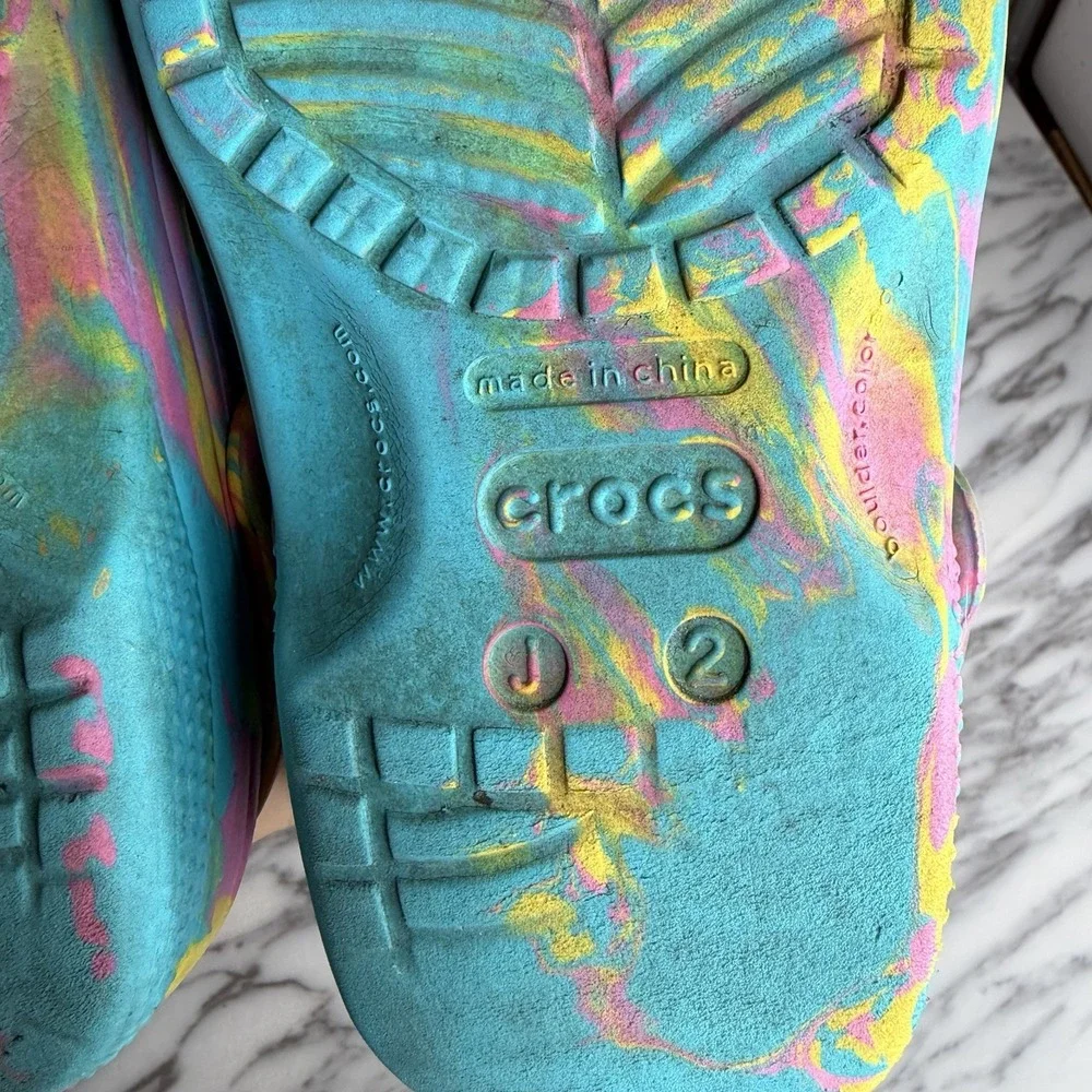 Crocs Classic Marbled Tie Dye Clogs Blue Pink Yellow Toddler SzJ 2 Girls Slip On
